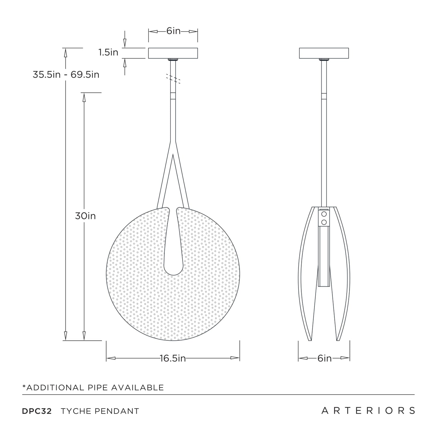 Technical drawing of a Tyche pendant light with dimensions and Arteriors branding.