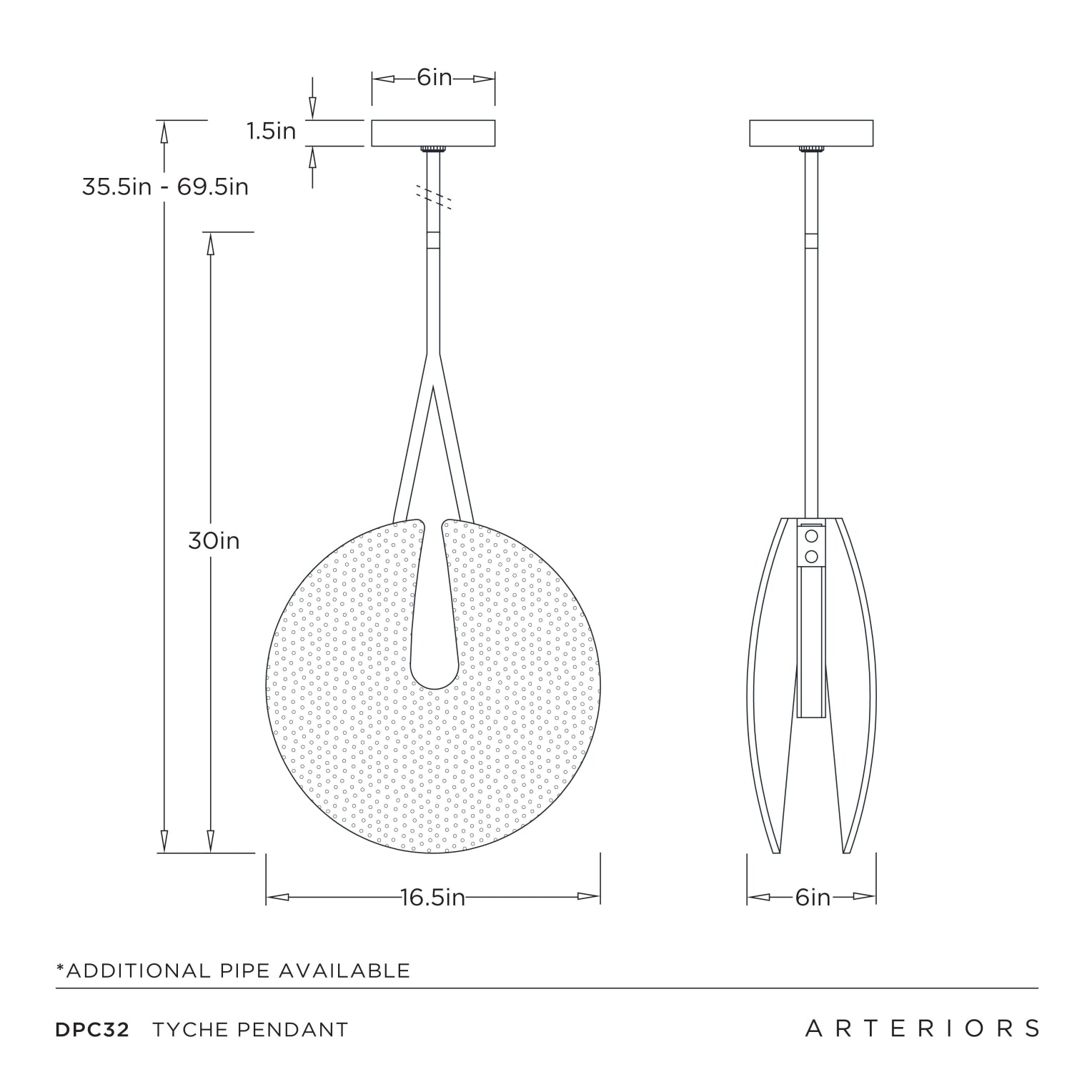 Technical drawing of a Tyche pendant light with dimensions and Arteriors branding.