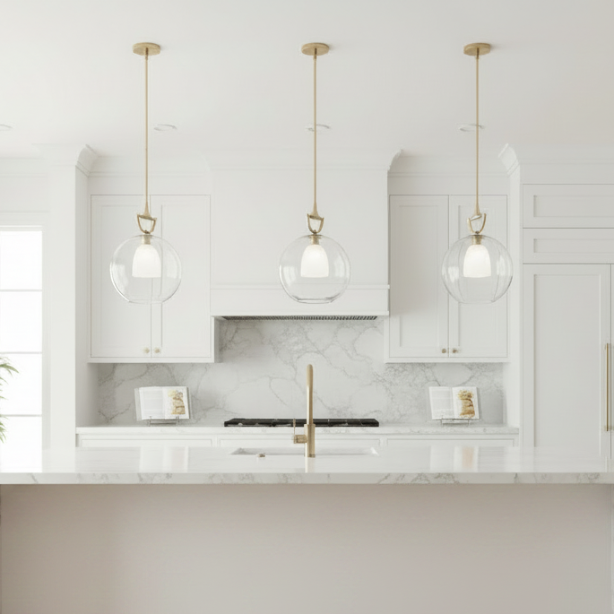 Three modern pendant lights with clear glass globe shades and brushed brass hardware hang over a white kitchen island with marble backsplash and white cabinetry.