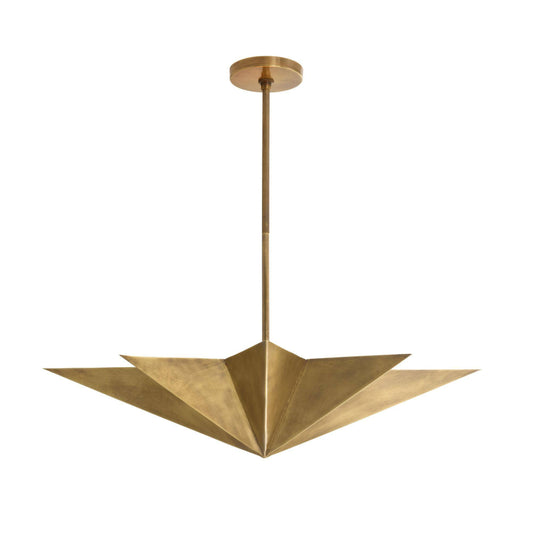 Gold geometric pendant light on a white background