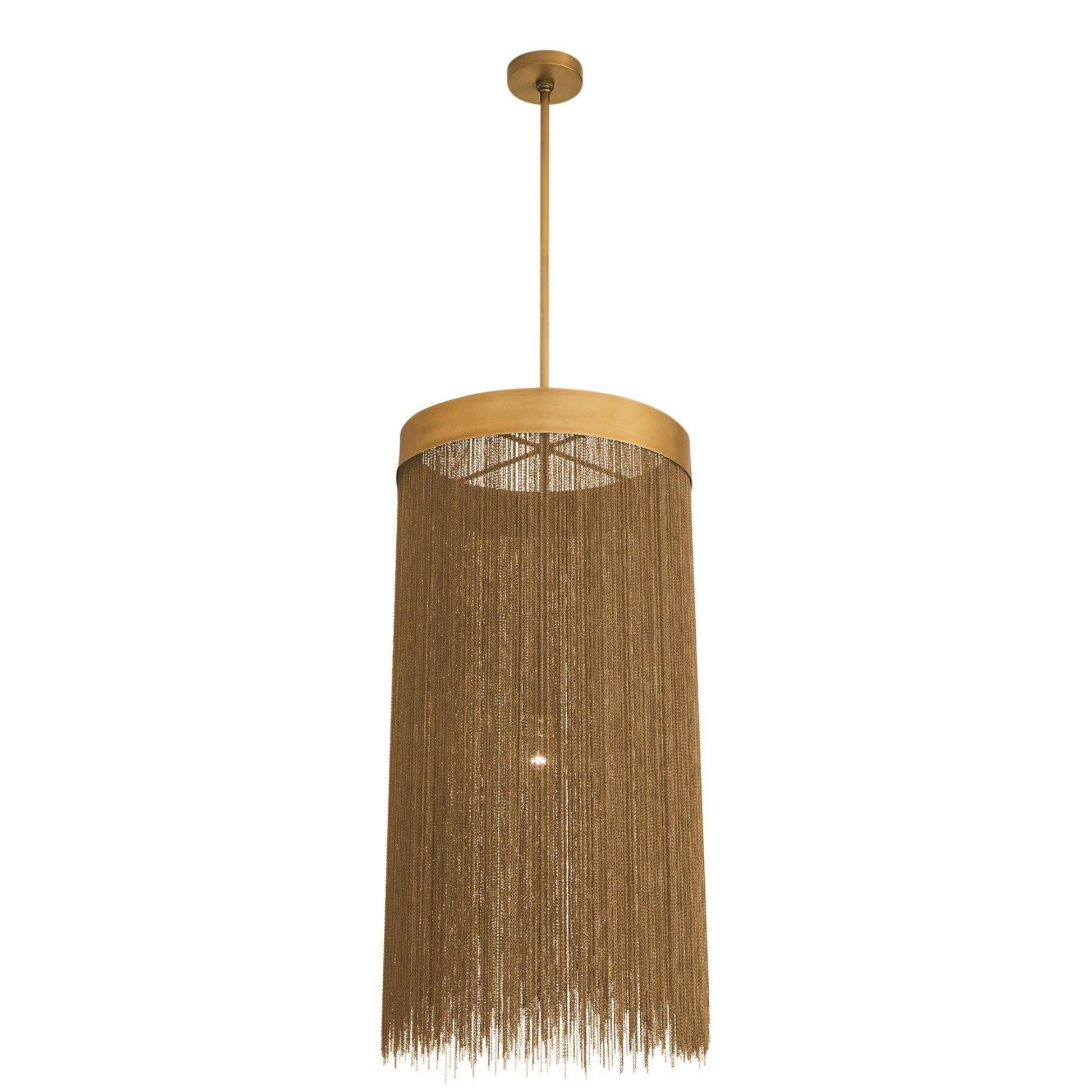 A cylindrical pendant light fixture with a gold-toned metal frame and dense hanging fringe, suspended from a matching ceiling canopy against a plain white background.