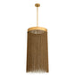 A modern cylindrical pendant light fixture with a brushed gold metal canopy, rod, and top band, featuring a long, dense curtain of brown tinsel or woven strands below.