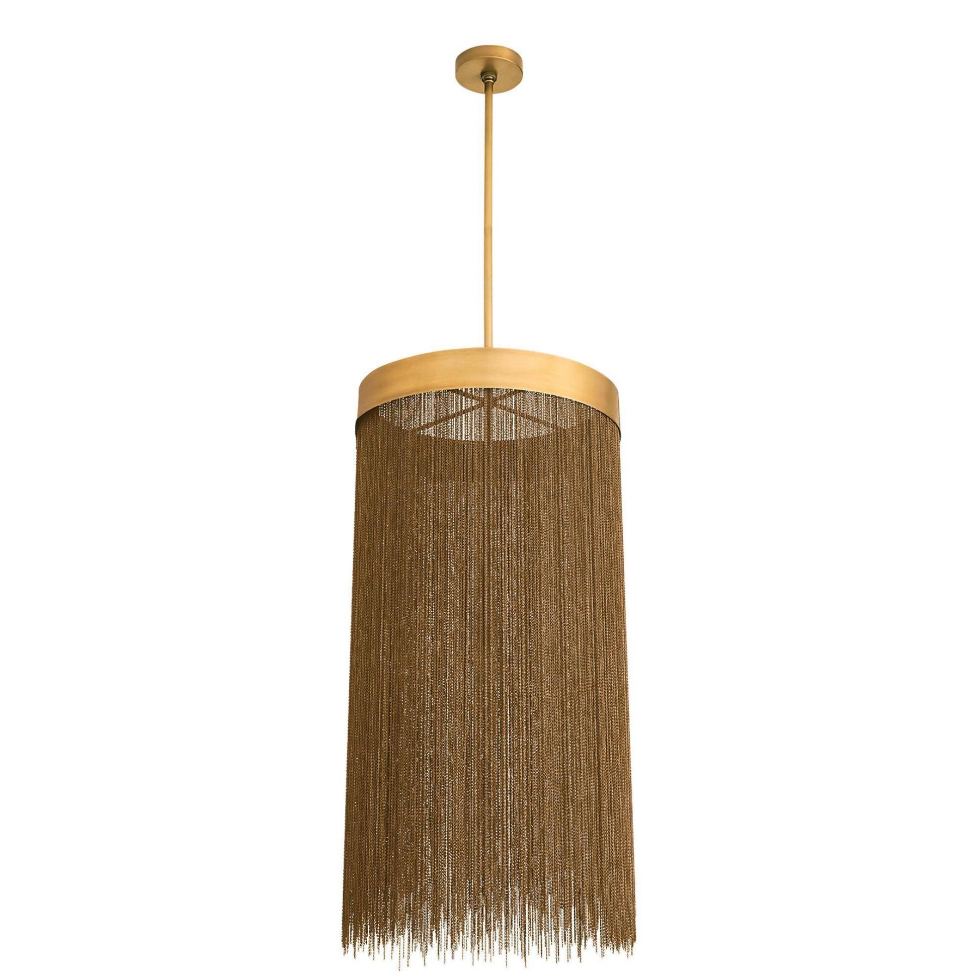 A modern cylindrical pendant light fixture with a brushed gold metal canopy, rod, and top band, featuring a long, dense curtain of brown tinsel or woven strands below.