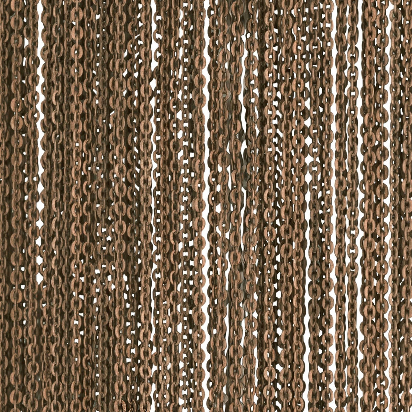 A close-up of a brown beaded curtain made of multiple vertical strands of interlocking chain links with small oval cutouts, shown against a white background.