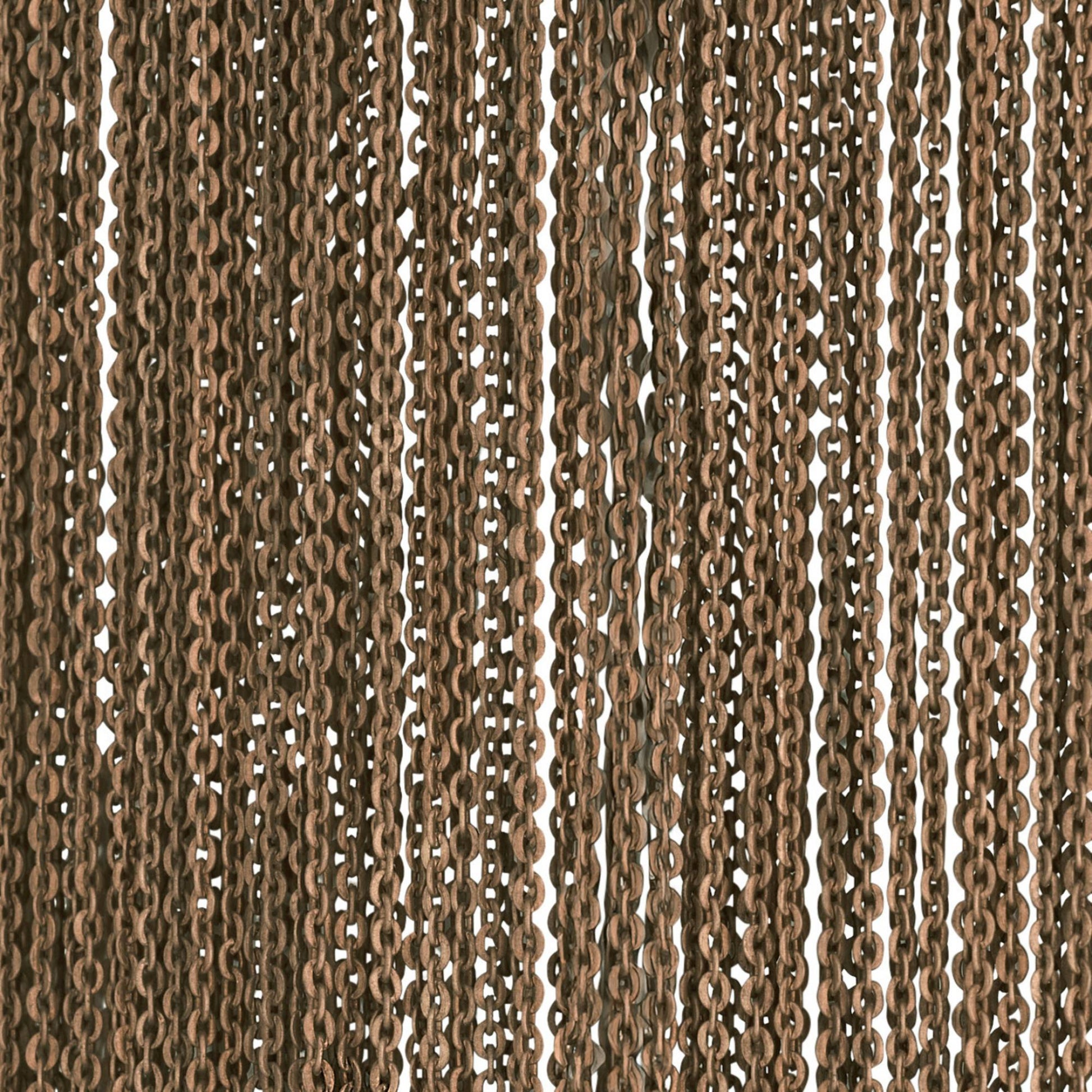 A close-up of a brown beaded curtain made of multiple vertical strands of interlocking chain links with small oval cutouts, shown against a white background.
