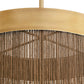 Close-up of a gold pendant light fixture with a textured brown shade.