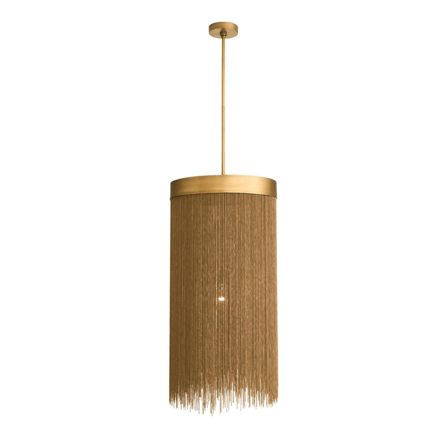 Gold pendant light with fringe on a white background