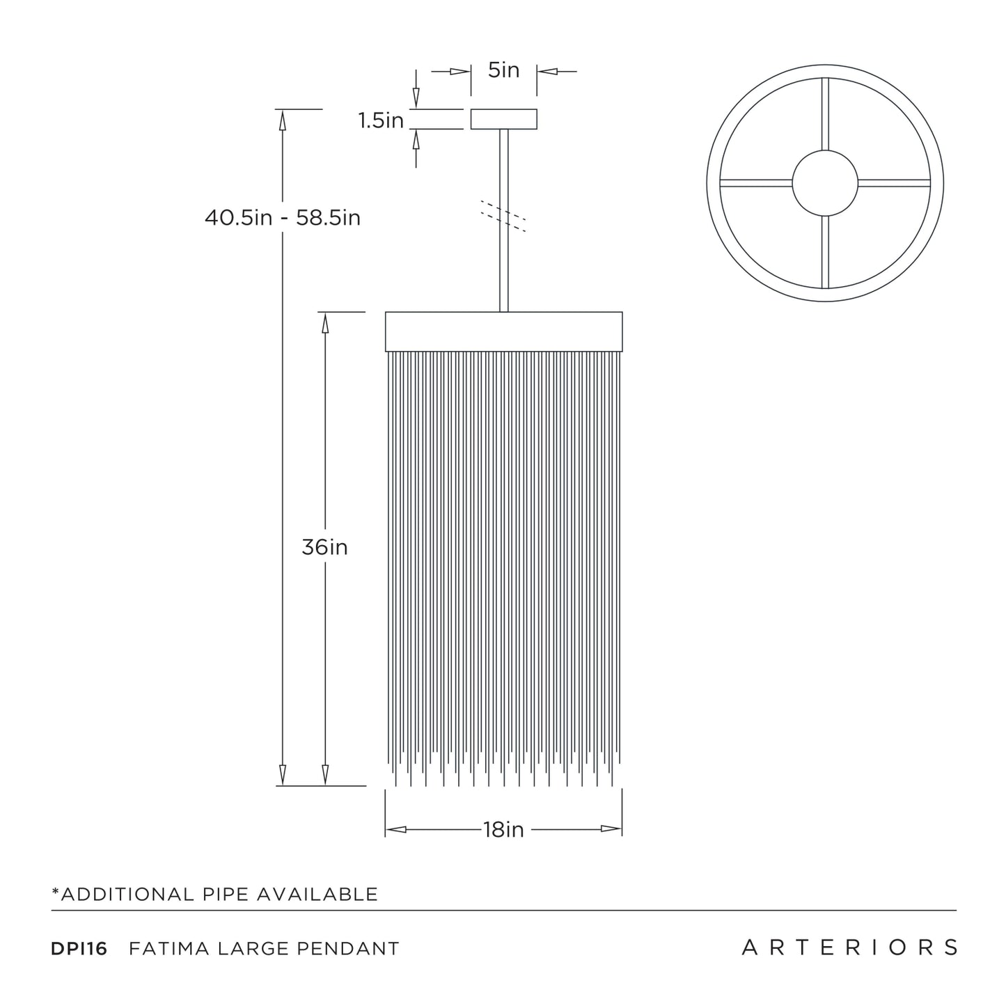 Technical drawing of a Fatima large pendant light with dimensions and Arteriors branding.