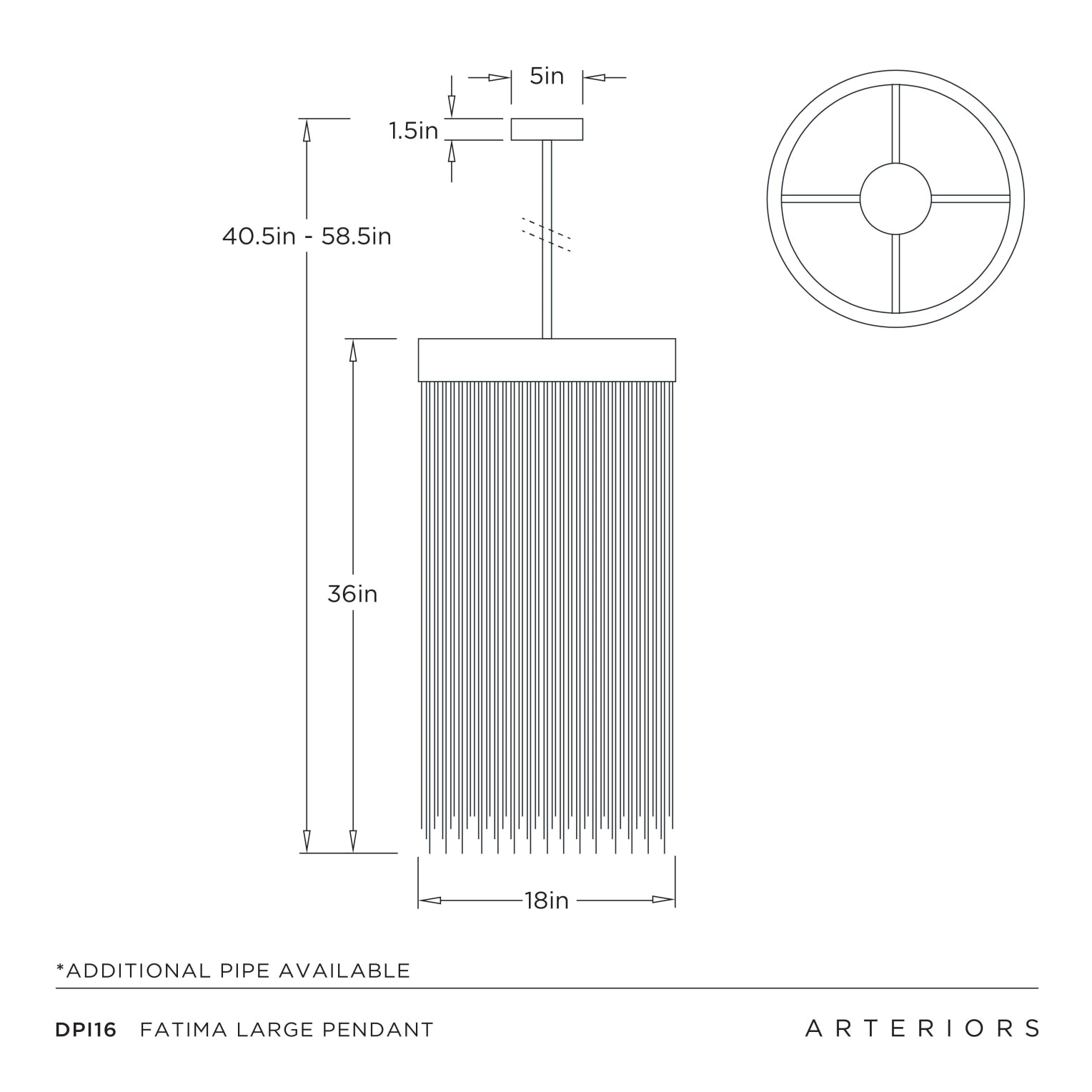 Technical drawing of a Fatima large pendant light with dimensions and Arteriors branding.