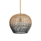Woven pendant light with gold accent on a white background