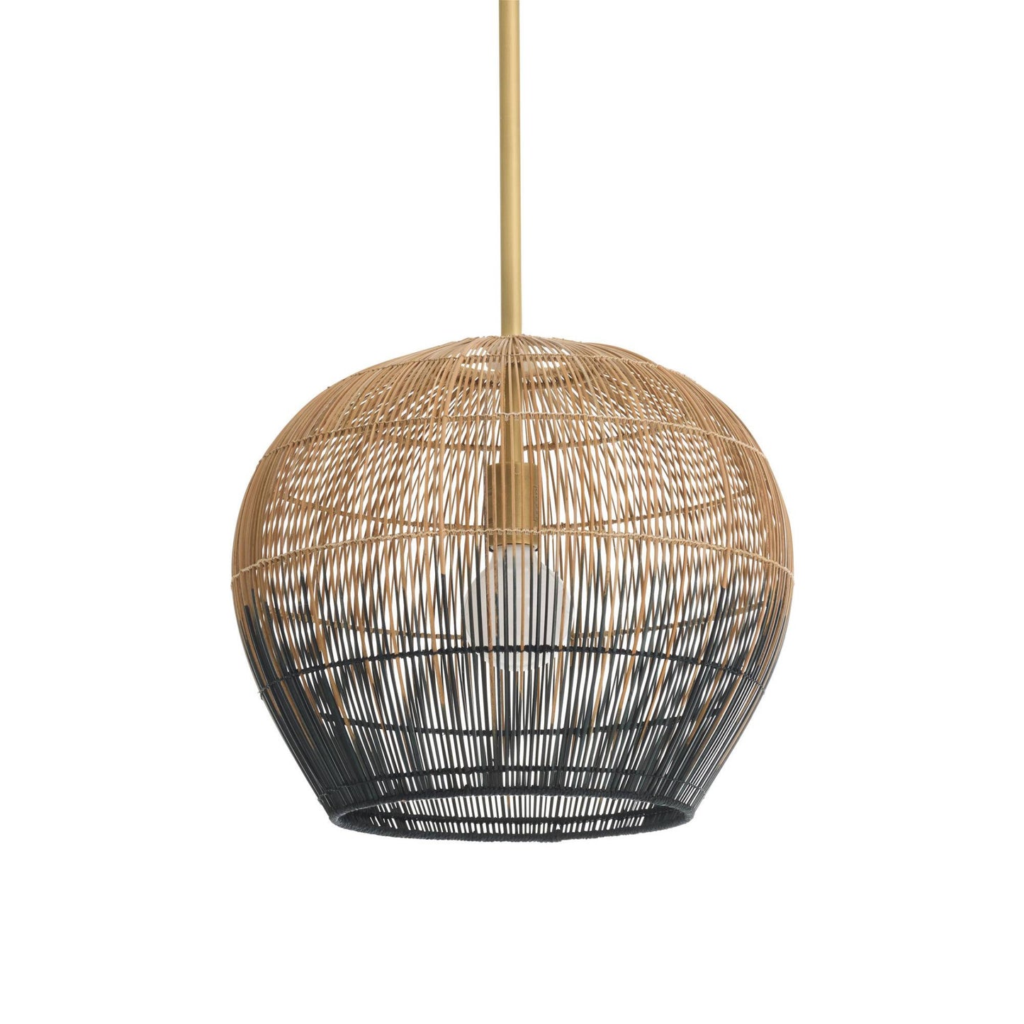 Woven pendant light with gold accent on a white background