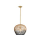 Pendant light with rattan-like shade on a white background