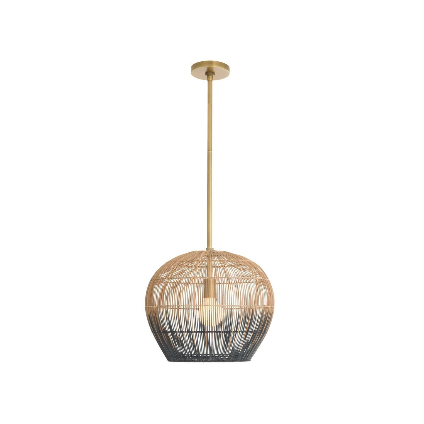 Pendant light with rattan-like shade on a white background