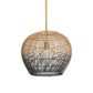 Woven pendant light with a gold hanging cord on a white background