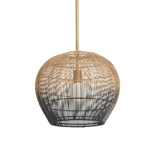 Woven pendant light with a gold hanging cord on a white background