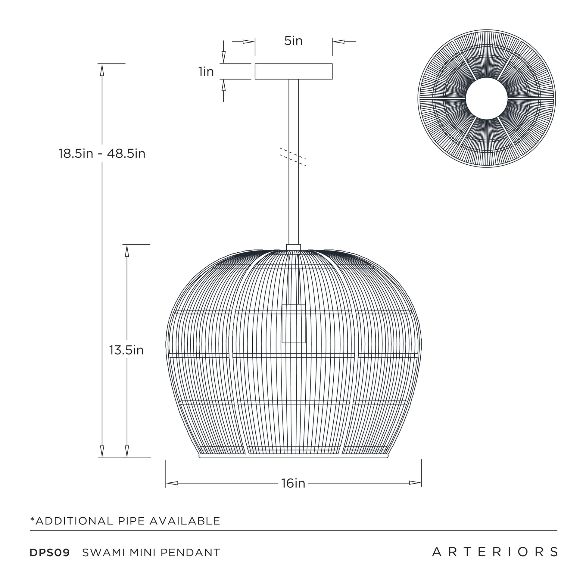Technical drawing of a Swami Mini Pendant with dimensions and Arteriors branding.