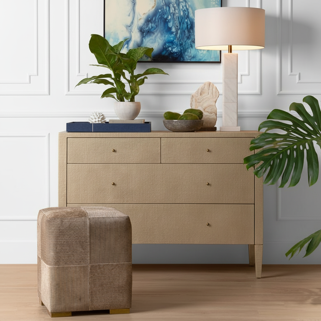Beige dresser with decorative items and a lamp, featuring a plant and abstract art on a light-colored wall.