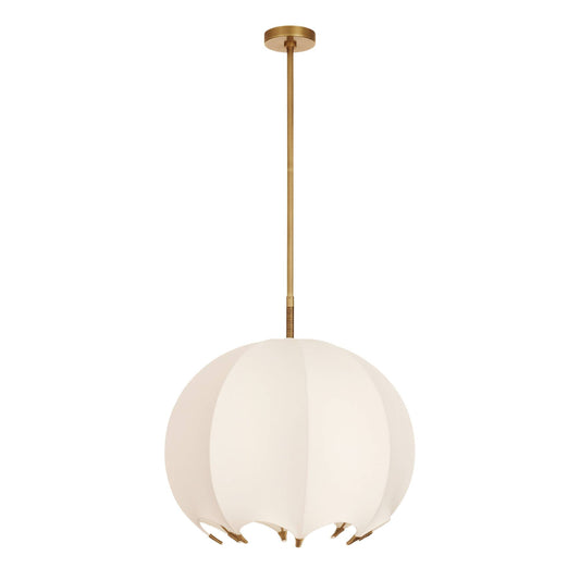 White pendant light with gold fixture on a white background