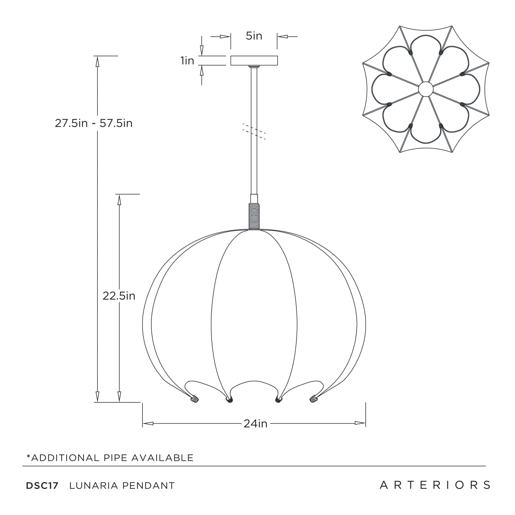Technical drawing of a Lunaria pendant light with dimensions and Arteriors branding.