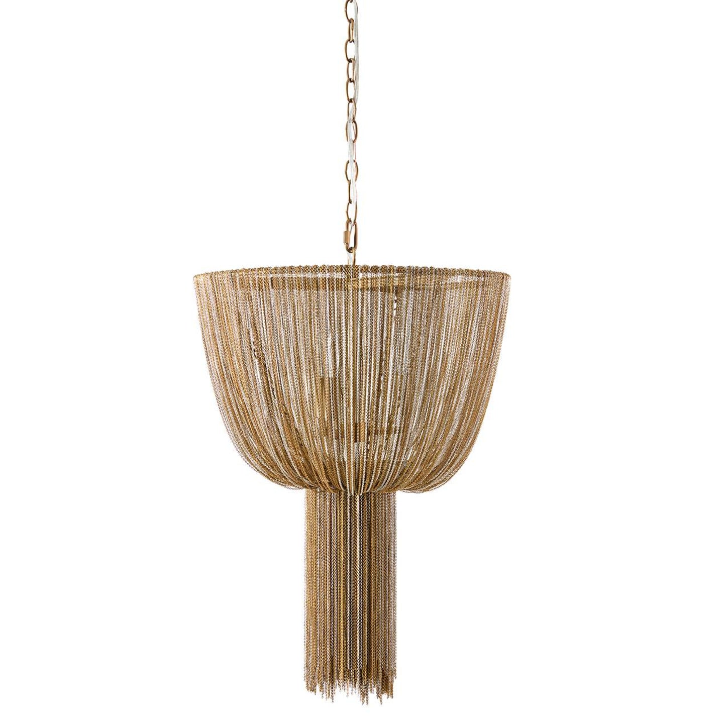 Decorative hanging light fixture with chain on a white background