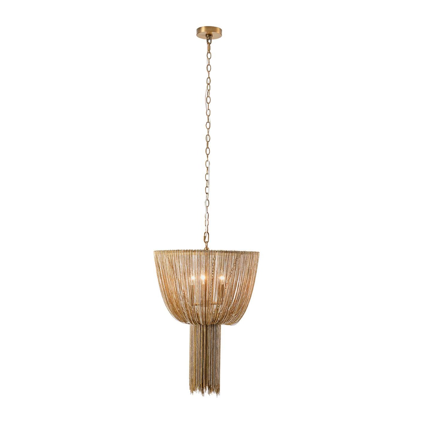 A hanging pendant chandelier with a woven natural-fiber shade and long fringe details, suspended by a chain from a round ceiling canopy, shown on a plain white background.