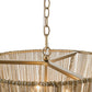 Close-up of a hanging chandelier shade with a gold-tone metal frame, chain, and dense fringe detailing against a white background.