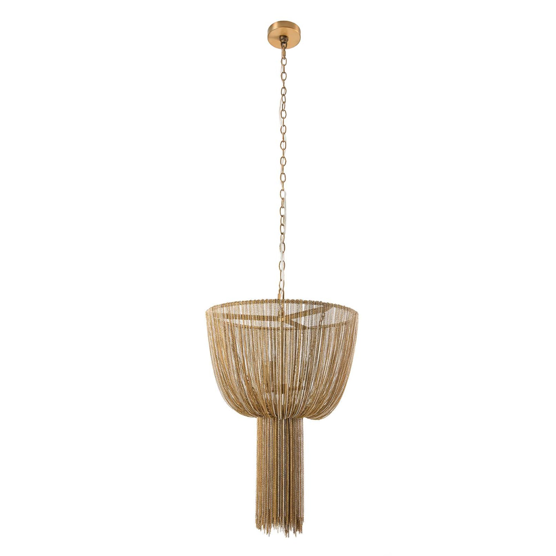 Gold wire basket pendant light on a white background