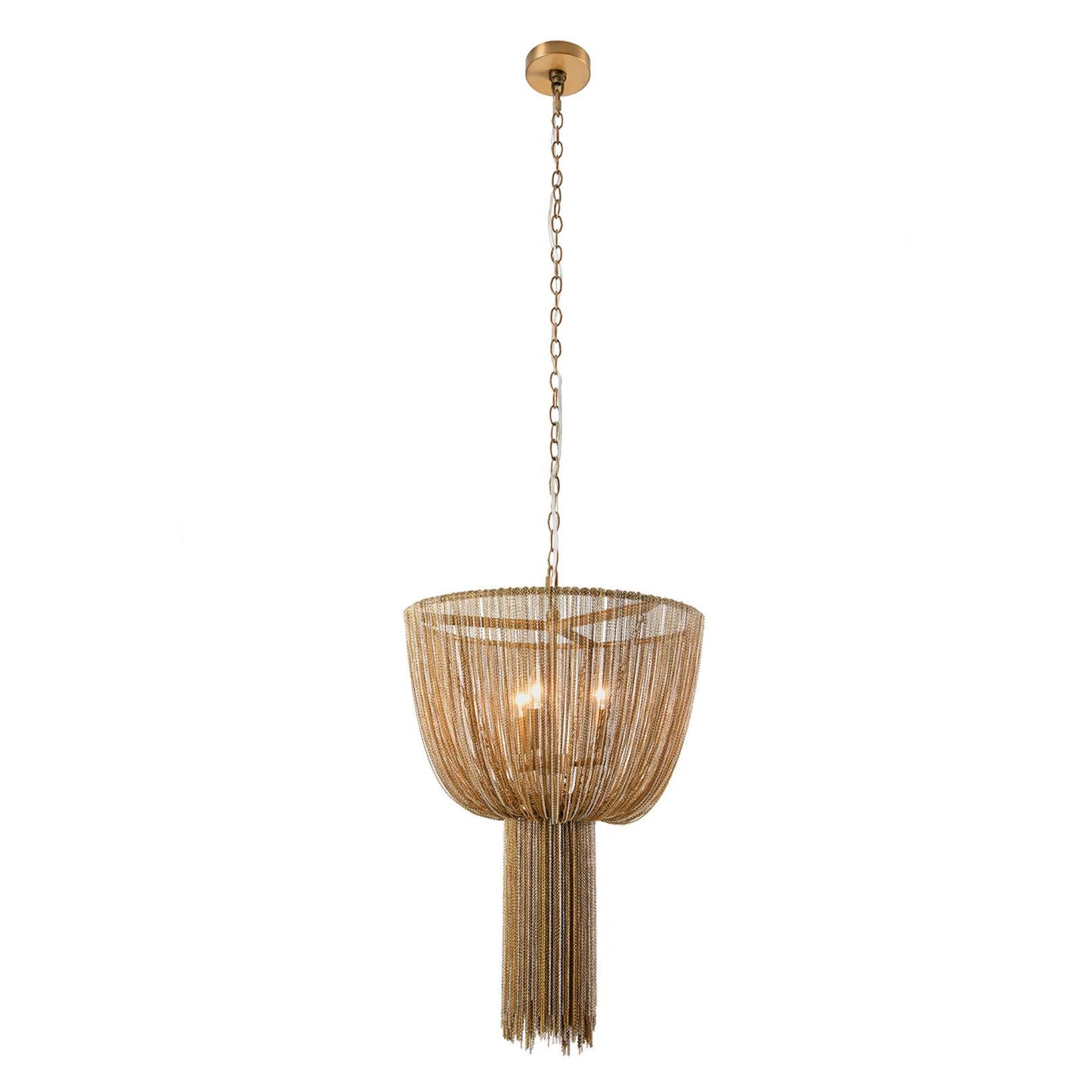 Chandelier with gold chain and fringes on a white background