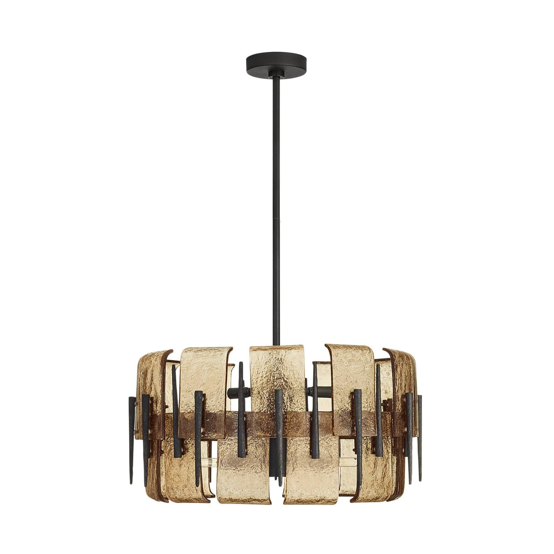 Modern chandelier with metallic design on a white background