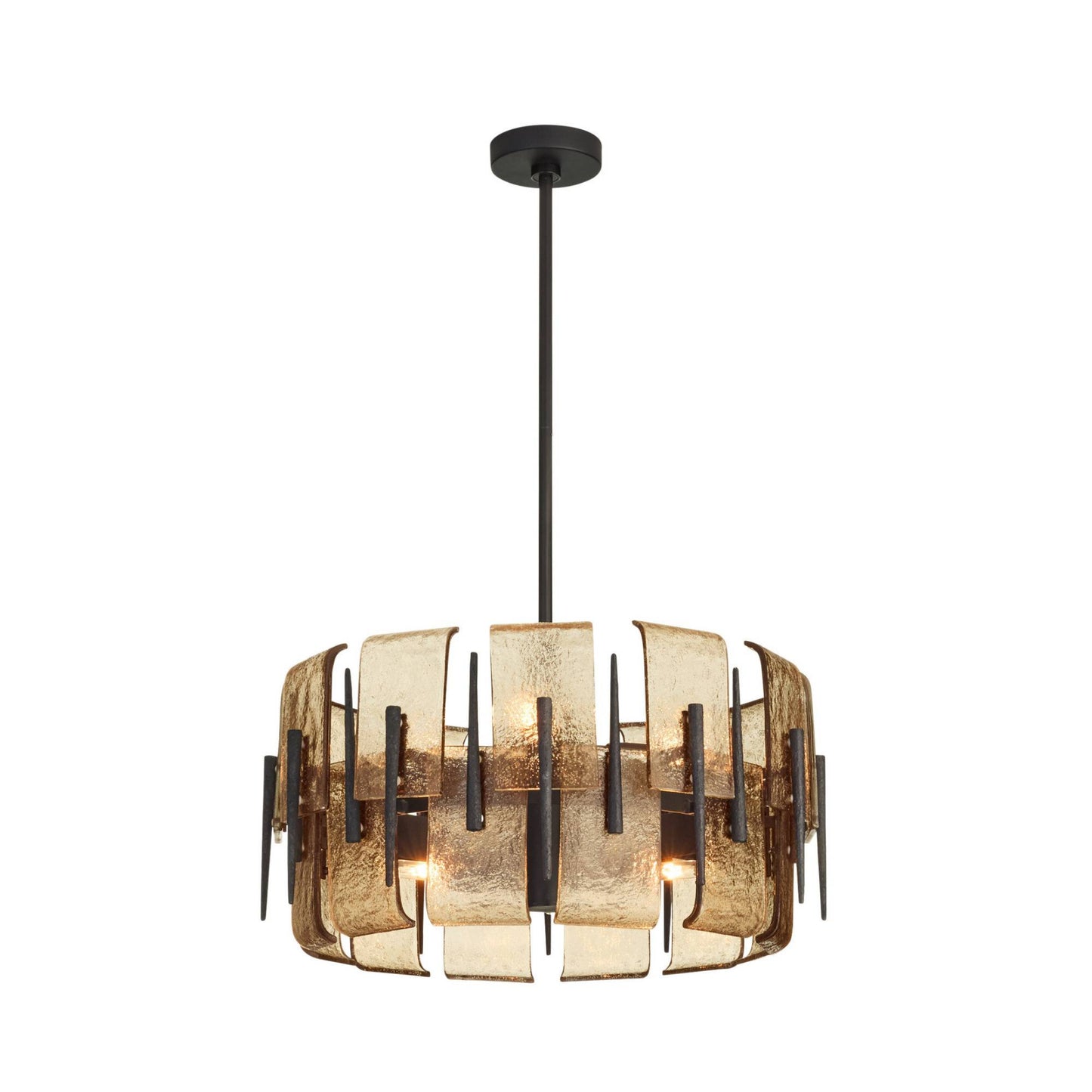 Modern pendant light with gold and black design on a white background
