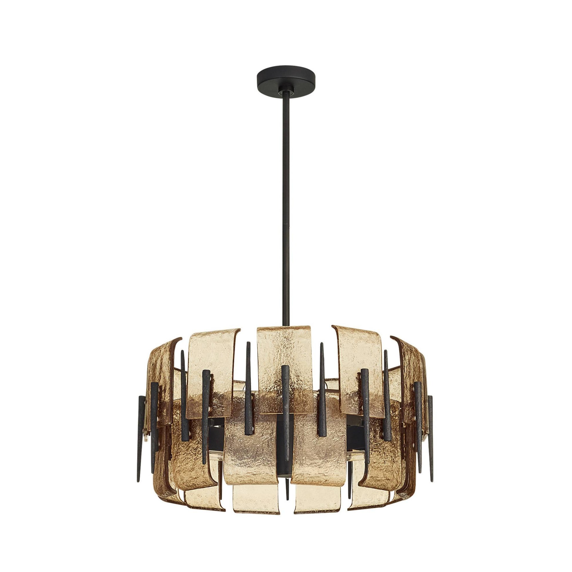 Modern pendant light with gold and black design on a white background
