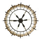 Decorative wall clock with wooden and metal design on a white background