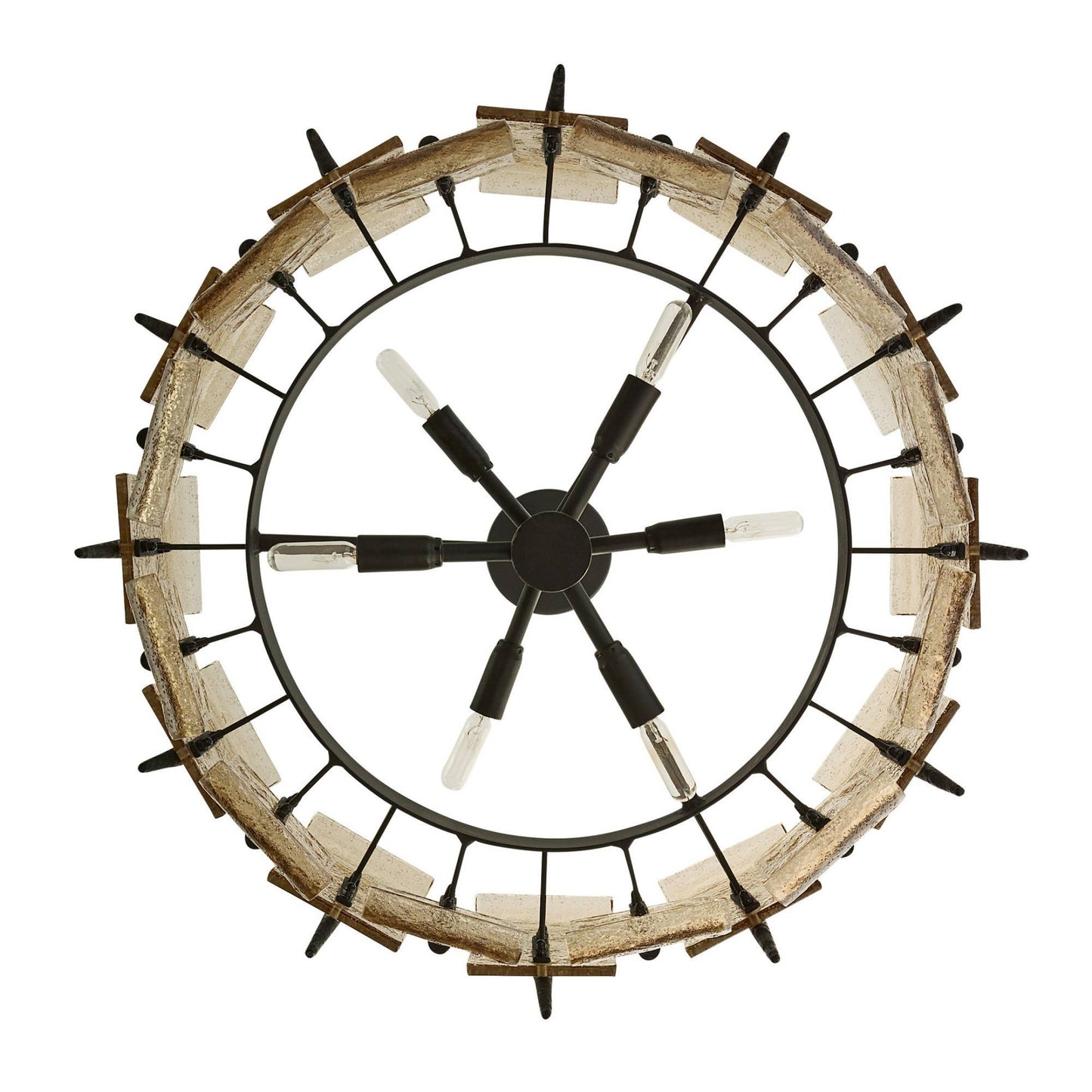 Decorative wall clock with wooden and metal design on a white background