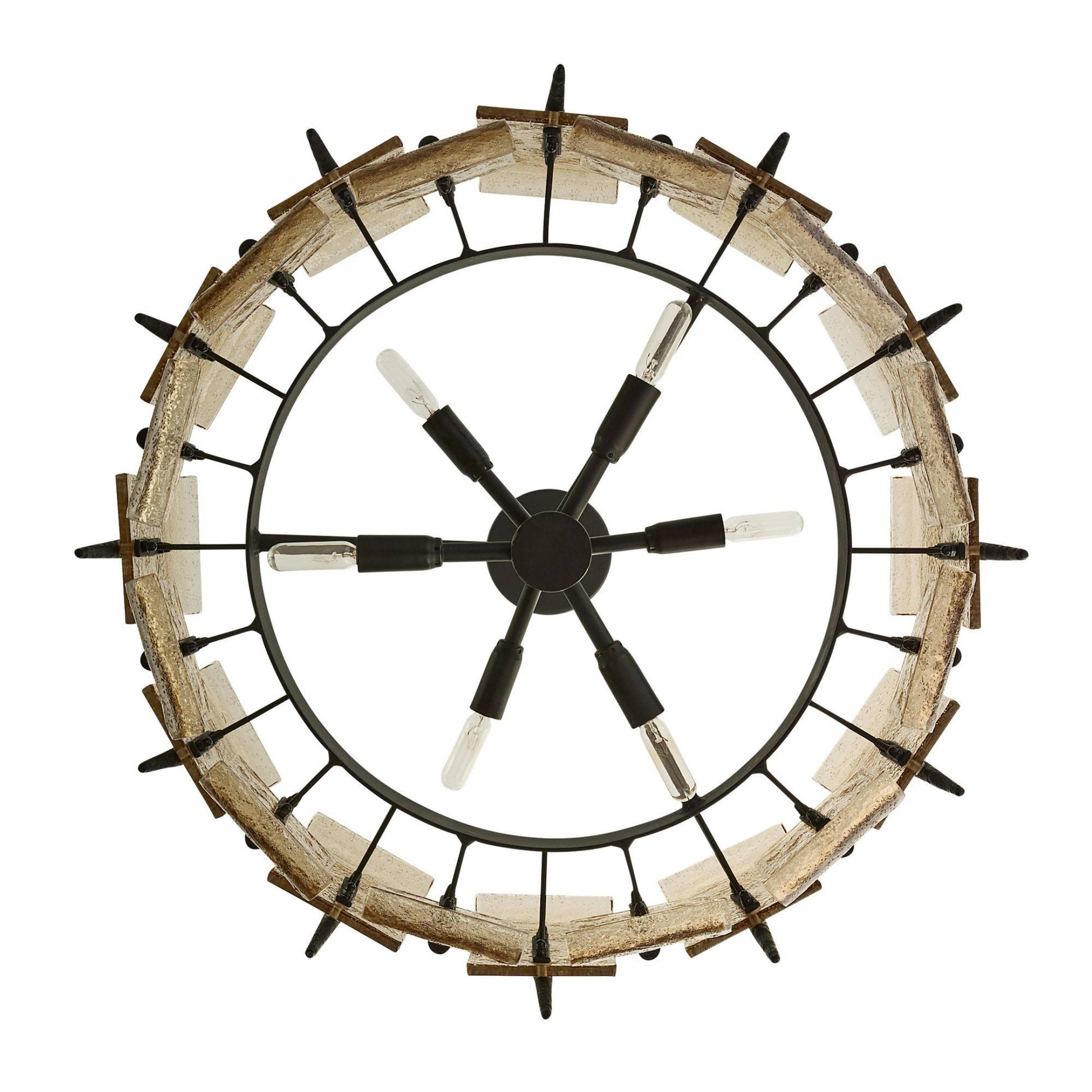 Decorative wall clock with wooden and metal design on a white background