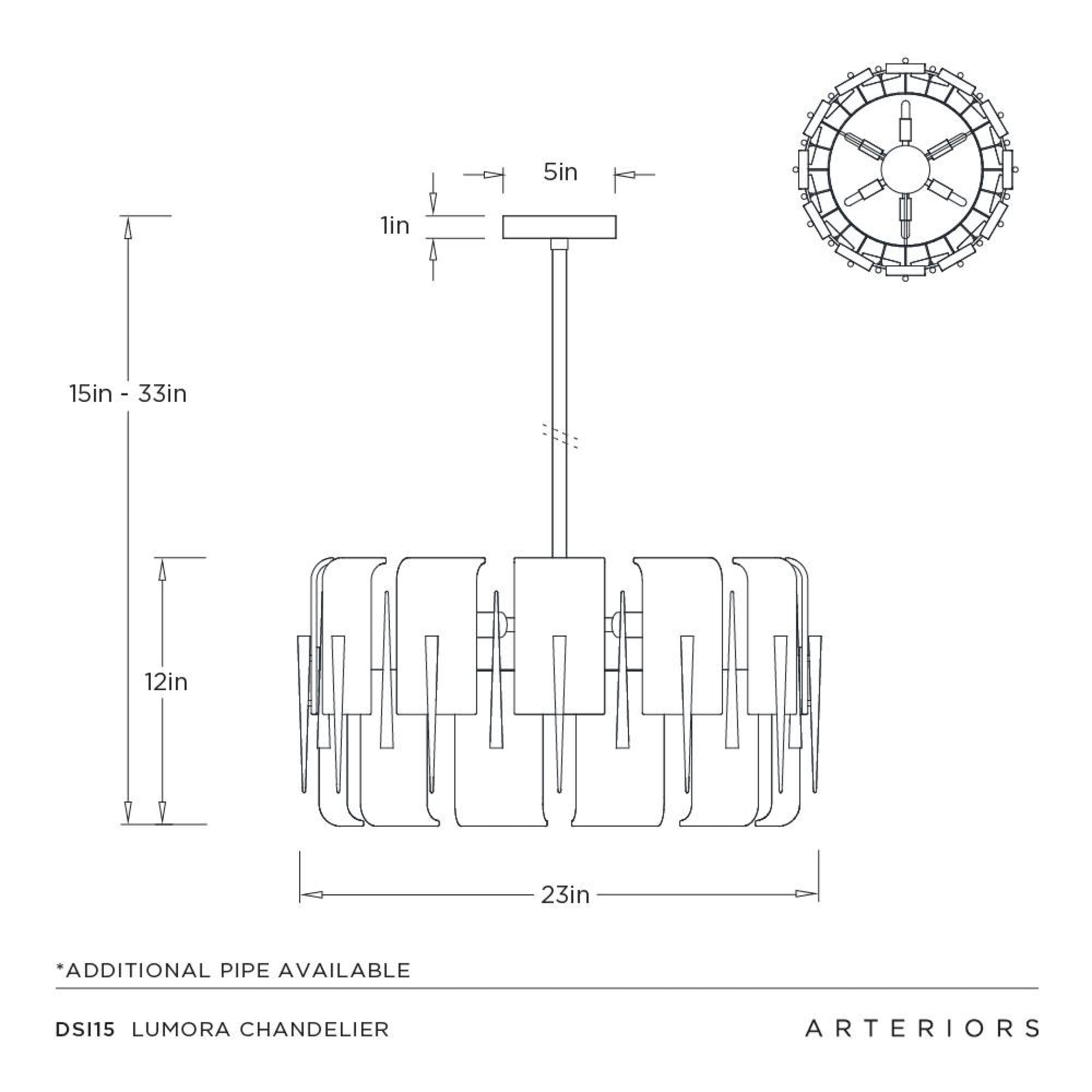 Technical drawing of a chandelier with dimensions and Arteriors branding.