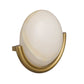 Wall sconce with a white glass shade and gold metal frame on a white background