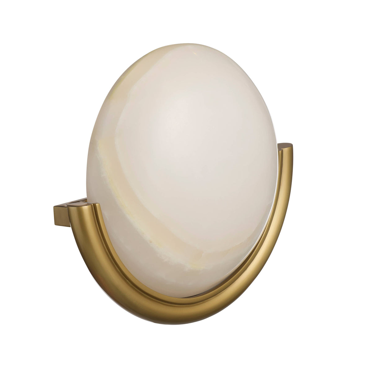 Wall sconce with a white glass shade and gold metal frame on a white background