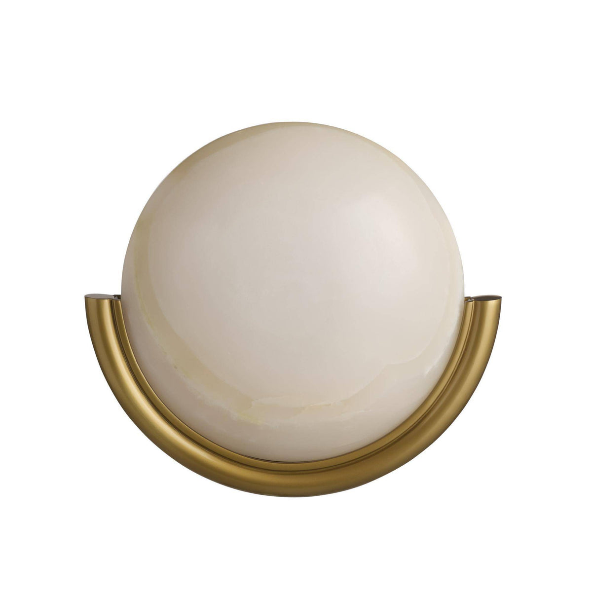 Wall sconce with a white globe and gold metal fixture on a white background