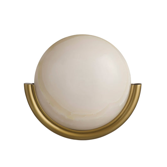 Wall sconce with a white globe and gold metal fixture on a white background