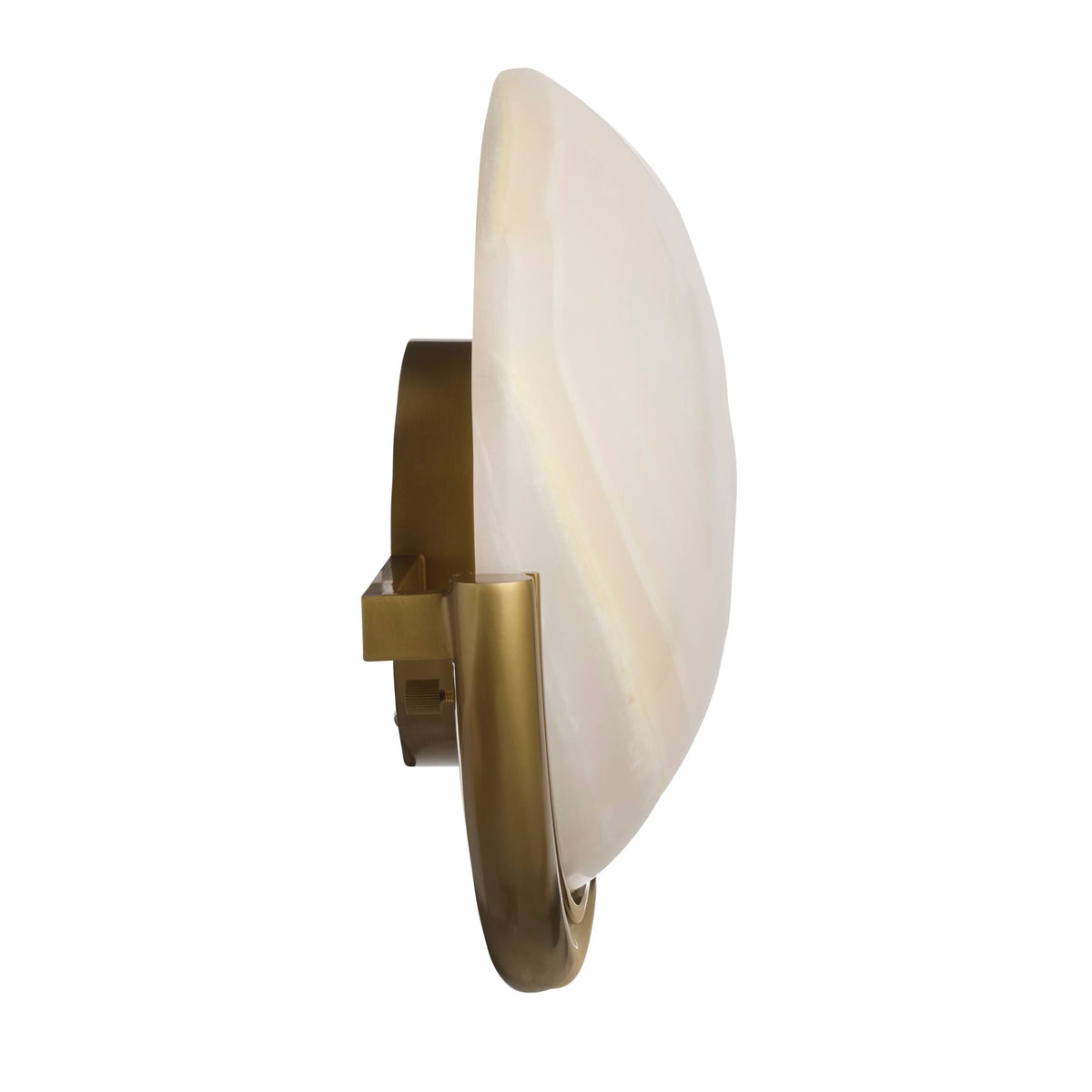 Wall sconce with white glass shade and gold metal fixture on a white background