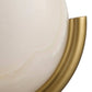 Close-up detail of a modern wall light featuring a large warm off-white glass globe shade and a curved brushed gold metal frame against a white background.