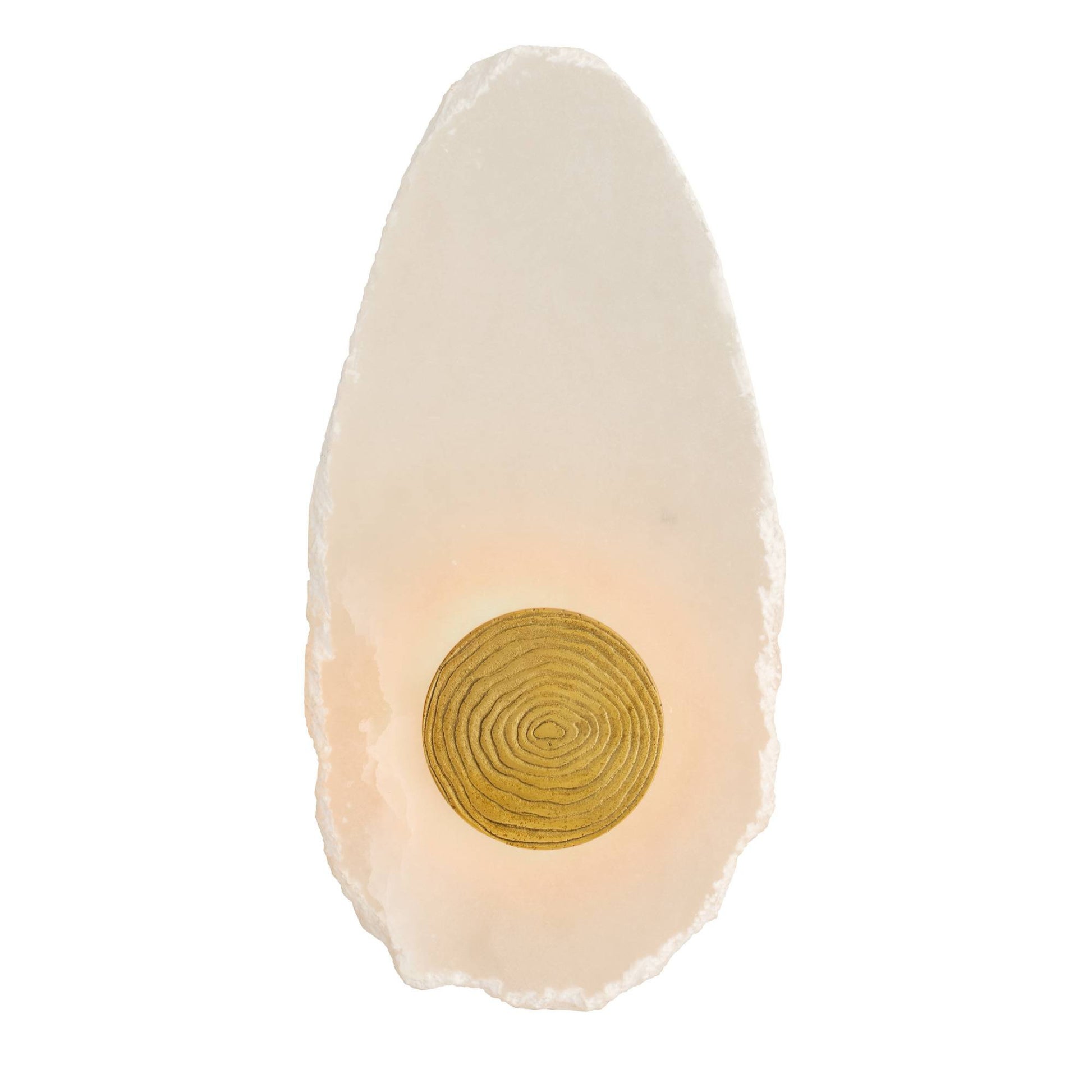 Beige wall sconce with a gold circular design on a white background