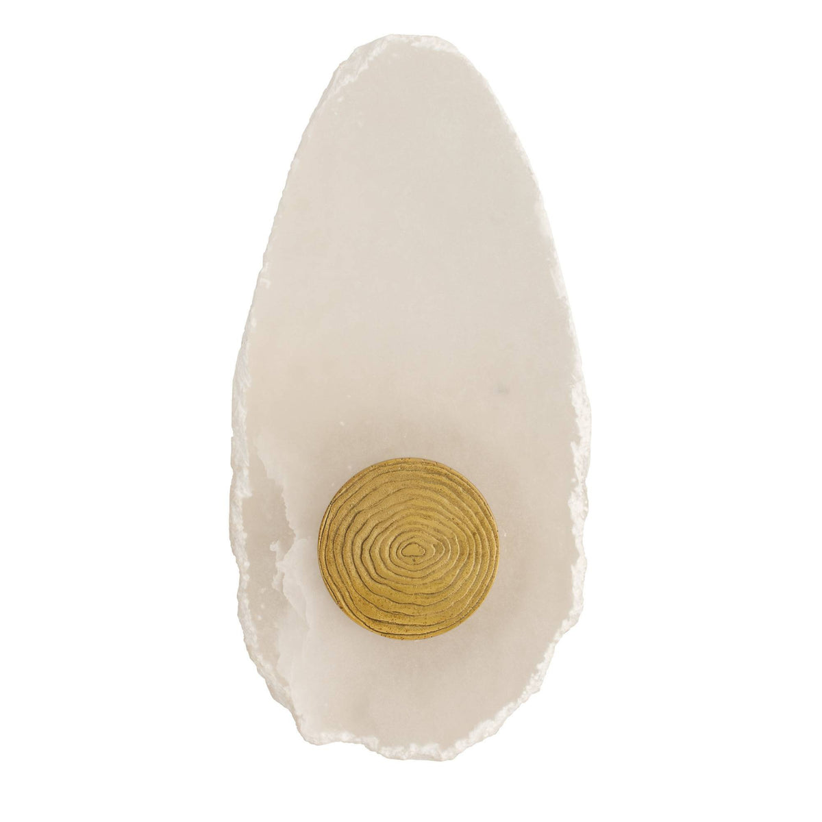 White stone with a gold circular pattern on a white background
