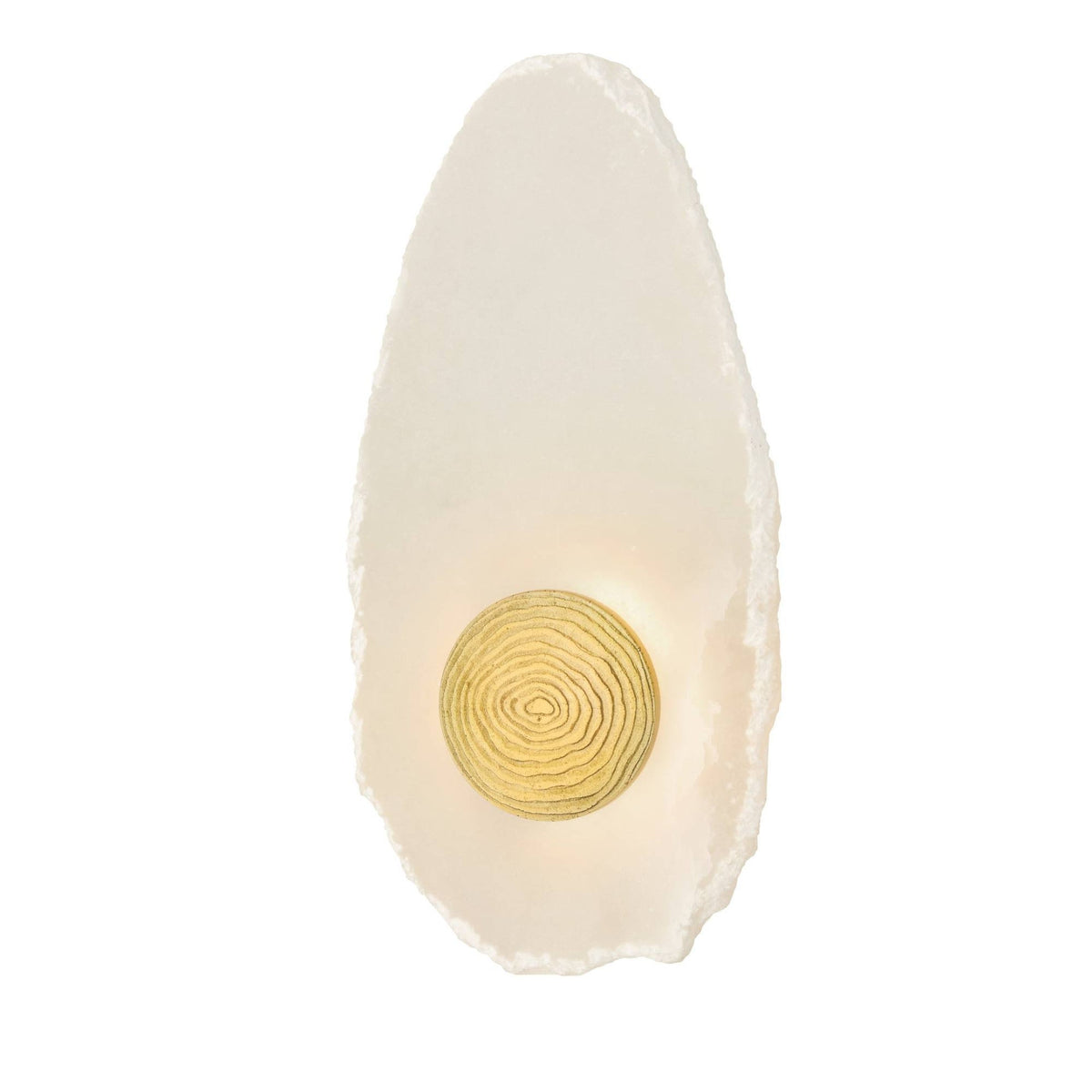 A modern wall sconce featuring a natural, irregularly shaped off-white stone base with a circular gold-toned concentric ring detail in the center, shown against a plain white background.