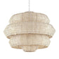 A tiered, multi-level pendant chandelier made of natural woven seagrass or raffia, suspended from a silver metal chain against a plain white background.