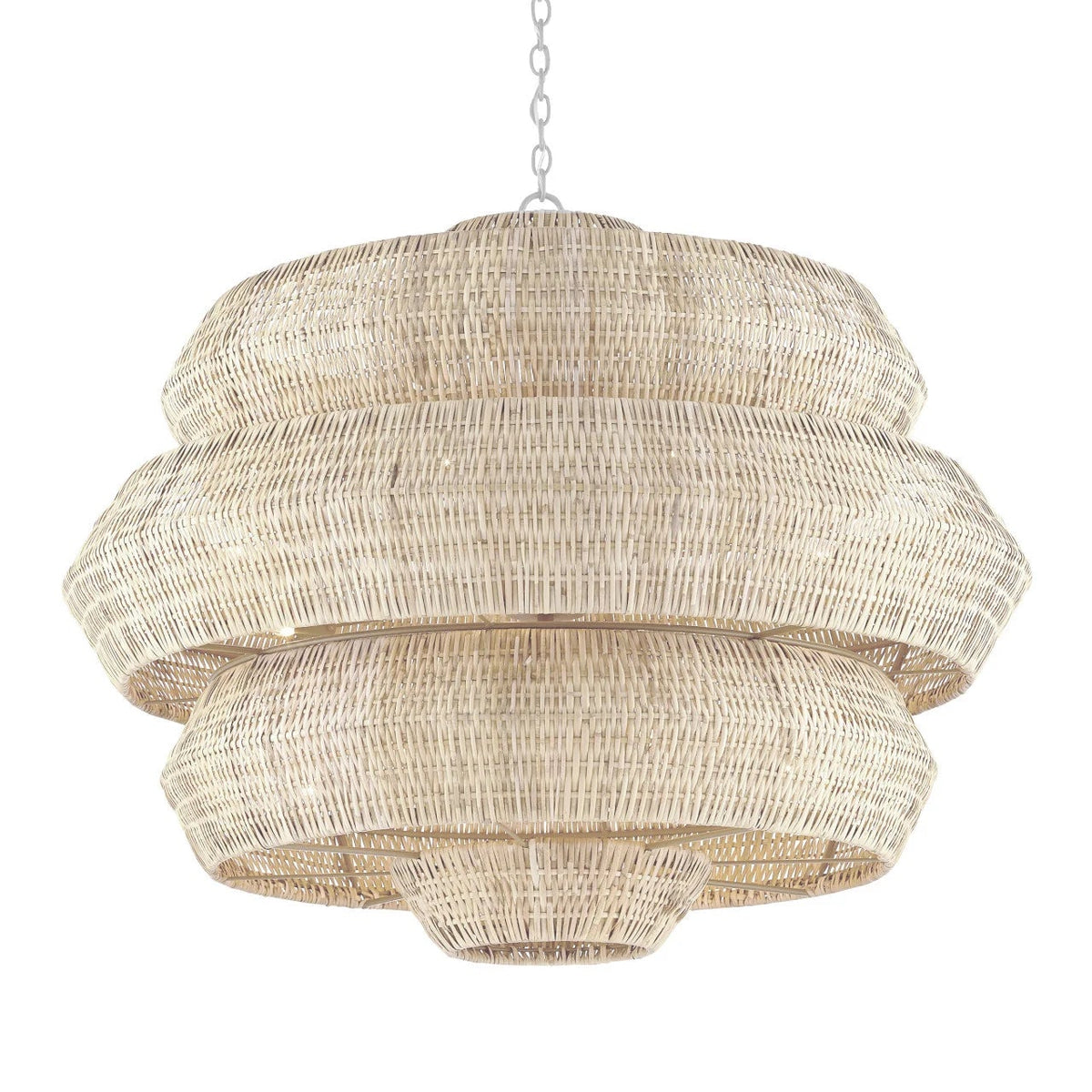A tiered, multi-level pendant chandelier made of natural woven seagrass or raffia, suspended from a silver metal chain against a plain white background.