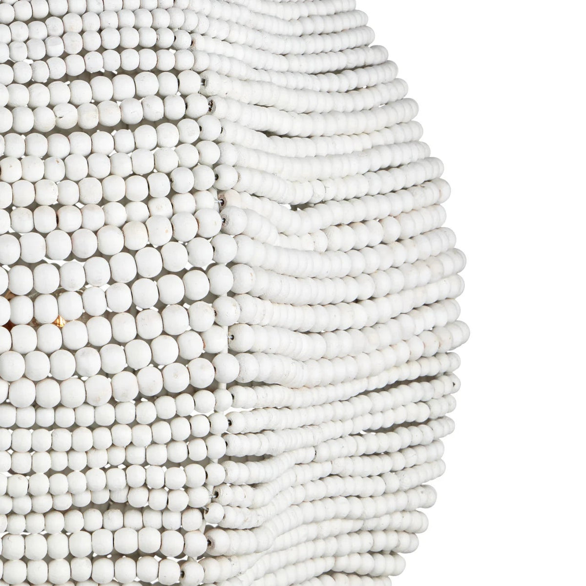 Close-up of a white beaded wall hanging or decorative panel made of rows of small cylindrical beads, shown against a plain white background.