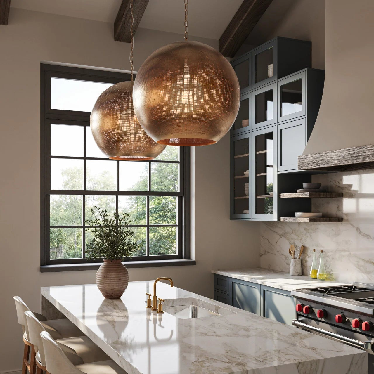 Modern kitchen with marble island, pendant lights, and large window