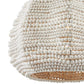 White beaded pendant light with wooden base on a white background