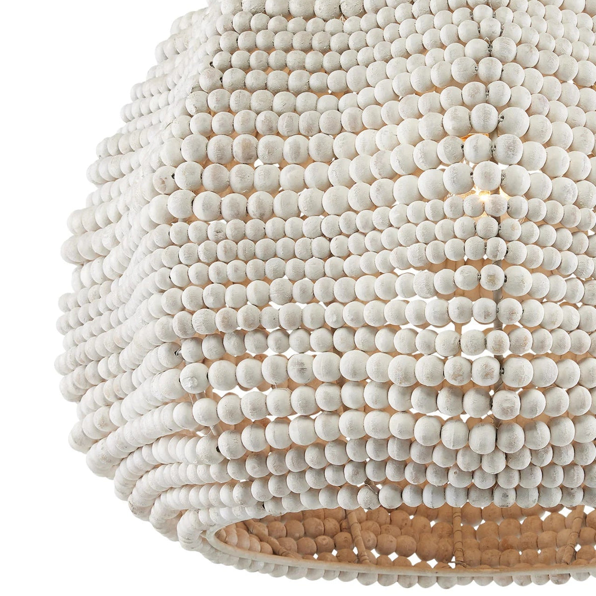 White beaded pendant light with wooden base on a white background